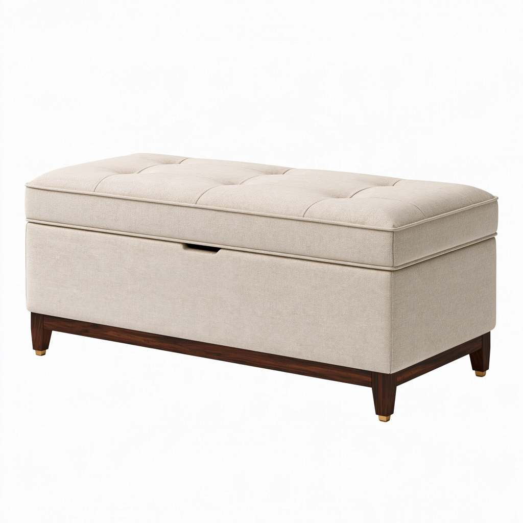 Banc coffre de rangement 120 x 45 x 50 cm en tissu beige style capitonné