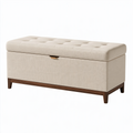 Banc coffre 120 cm en tissu beige et bois marron capitonné avec rangement