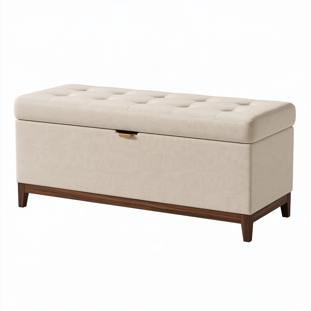 Banc coffre 120 cm en tissu beige et bois marron capitonné avec rangement