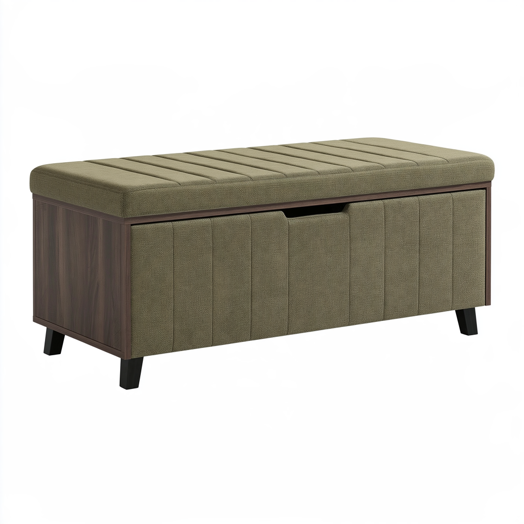 Banc coffre de rangement 100 cm tissu vert kaki bois style contemporain