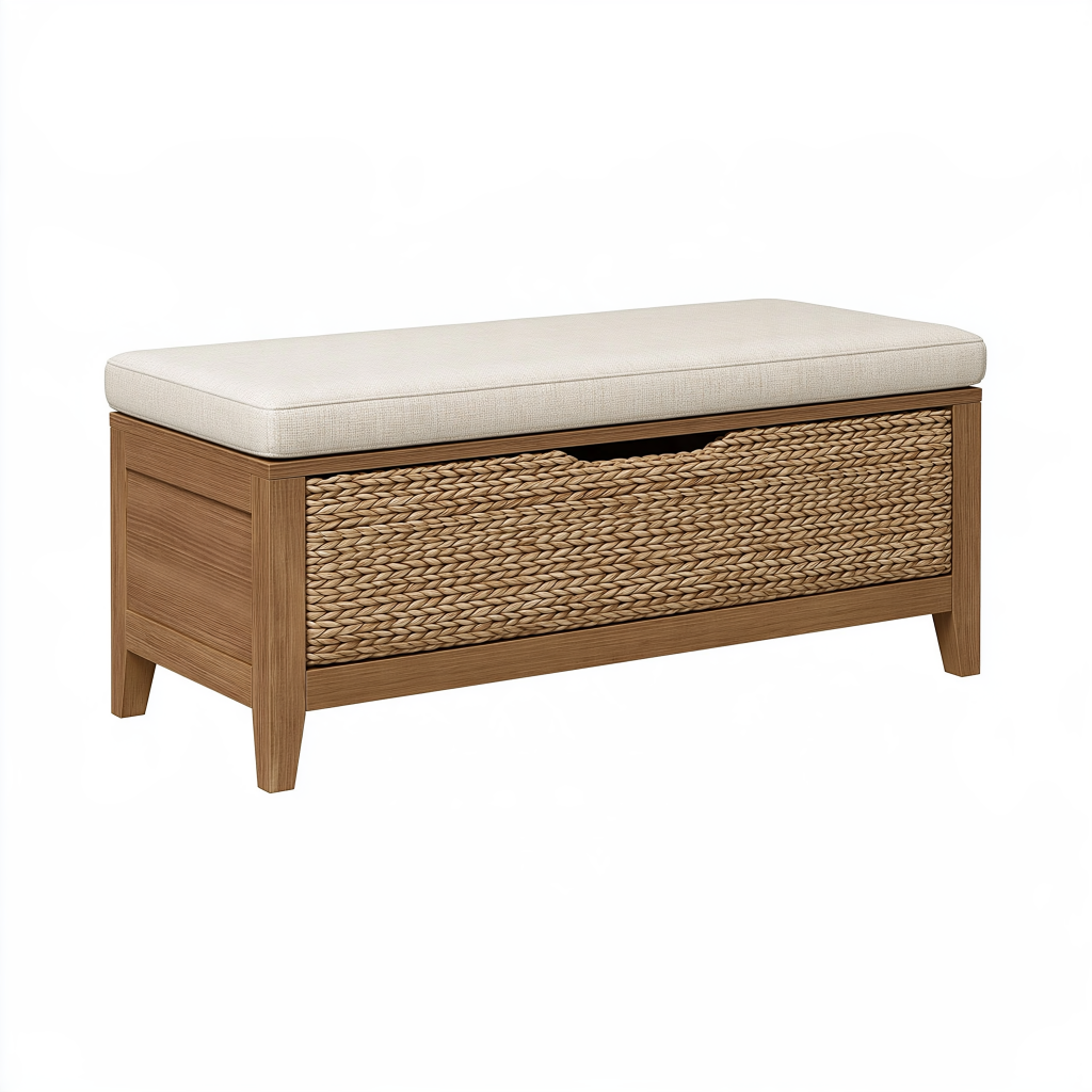 Banc de rangement 100 x 40 x 50 cm en bois brun naturel avec assise rembourrée style bohème