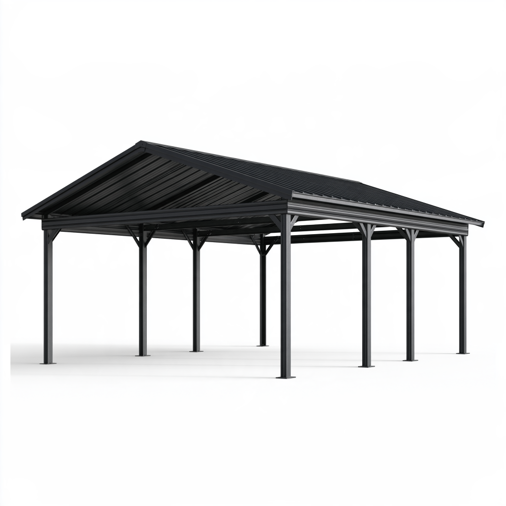 Carport 600 x 300 x 270 cm en acier noir avec toit incliné