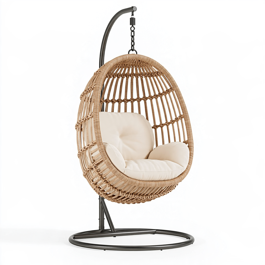 Fauteuil suspendu 105 x 105 x 195 cm en rotin naturel noir et écru style bohème avec support