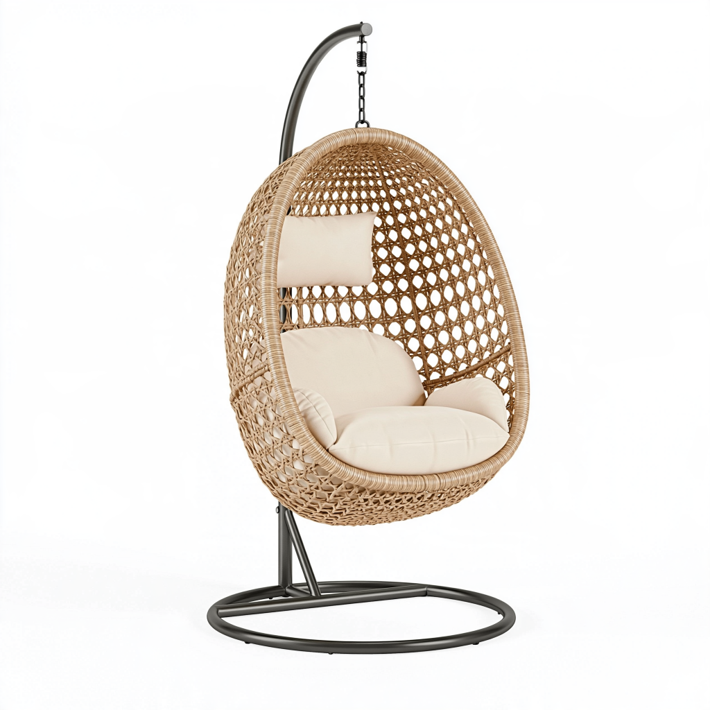 Fauteuil suspendu 105 x 105 x 195 cm en rotin beige avec support noir pour intérieur style bohème