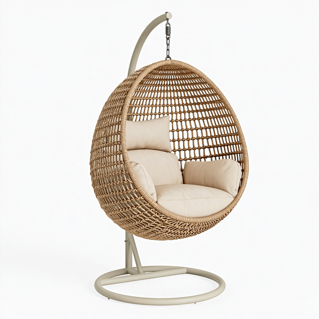Fauteuil suspendu 105 x 105 x 195 cm en rotin beige avec support métal style bohème
