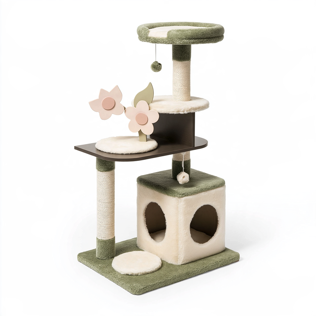 Arbre à chat 60 x 50 x 120 cm en bois et sisal vert crème avec niche et plateformes de jeu