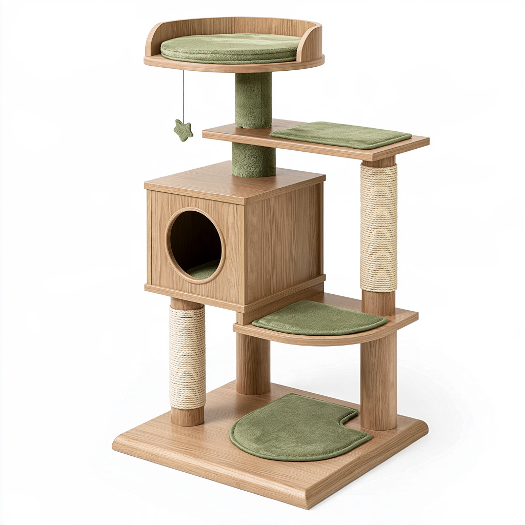 Arbre à chat 60 x 60 x 140 cm en bois beige et vert avec griffoirs en sisal et plateformes