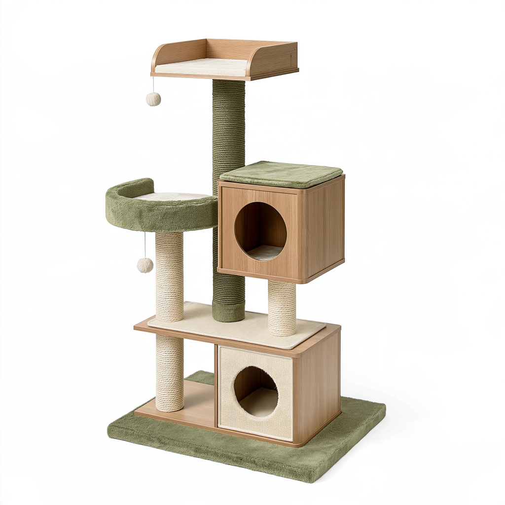 Arbre à chat 60 x 50 x 150 cm en bois beige et vert avec niches griffoirs et plateformes
