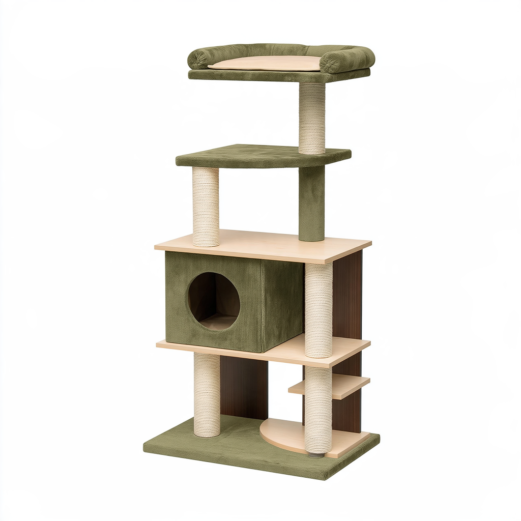 Arbre à chat 60 x 50 x 150 cm en bois et sisal vert - plateformes de repos et griffoirs