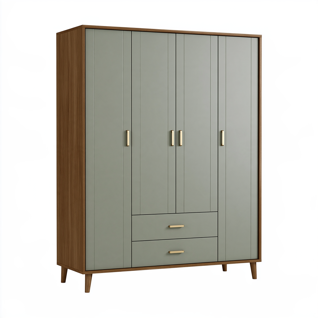 Armoire 4 portes 160 x 55 x 200 cm bois vert sauge noyer avec tiroirs style contemporain
