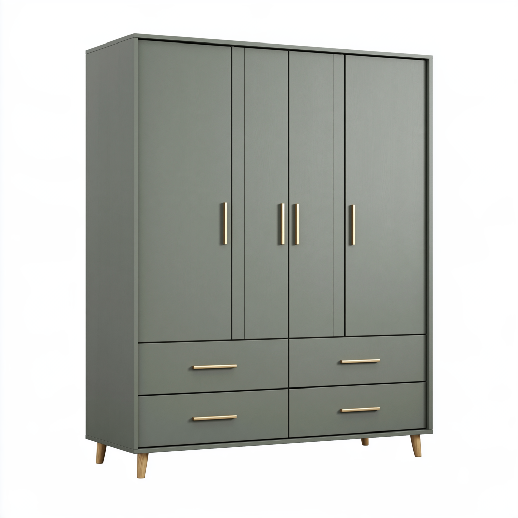 Armoire 180 x 55 x 200 cm en panneaux de bois vert gris à 4 portes et 4 tiroirs