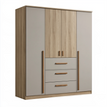 Armoire 180 x 60 x 200 cm en panneaux de bois effet chêne clair et gris avec 4 portes et 3 tiroirs style contemporain