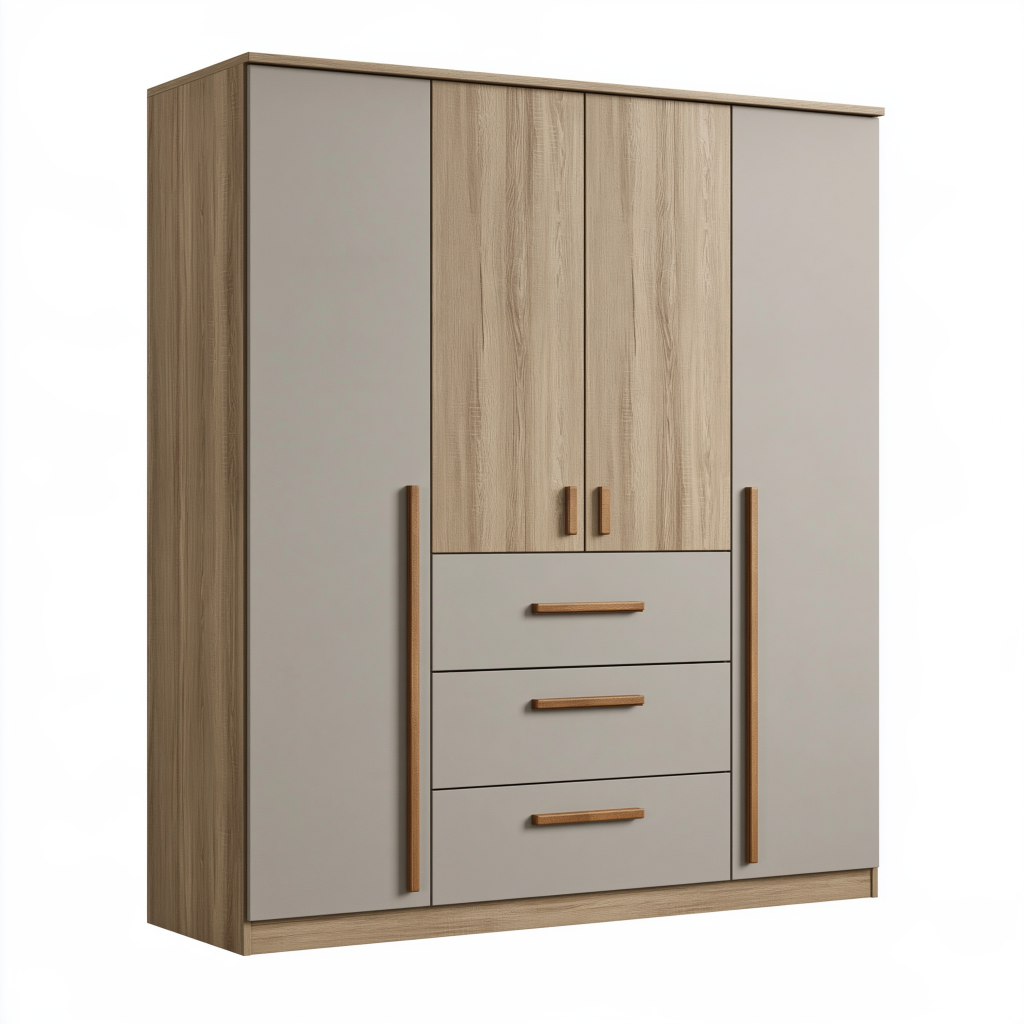 Armoire 180 x 60 x 200 cm en panneaux de bois effet chêne clair et gris avec 4 portes et 3 tiroirs style contemporain