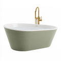 Baignoire îlot 170 cm en acrylique vert sauge et blanc avec robinetterie dorée style contemporain