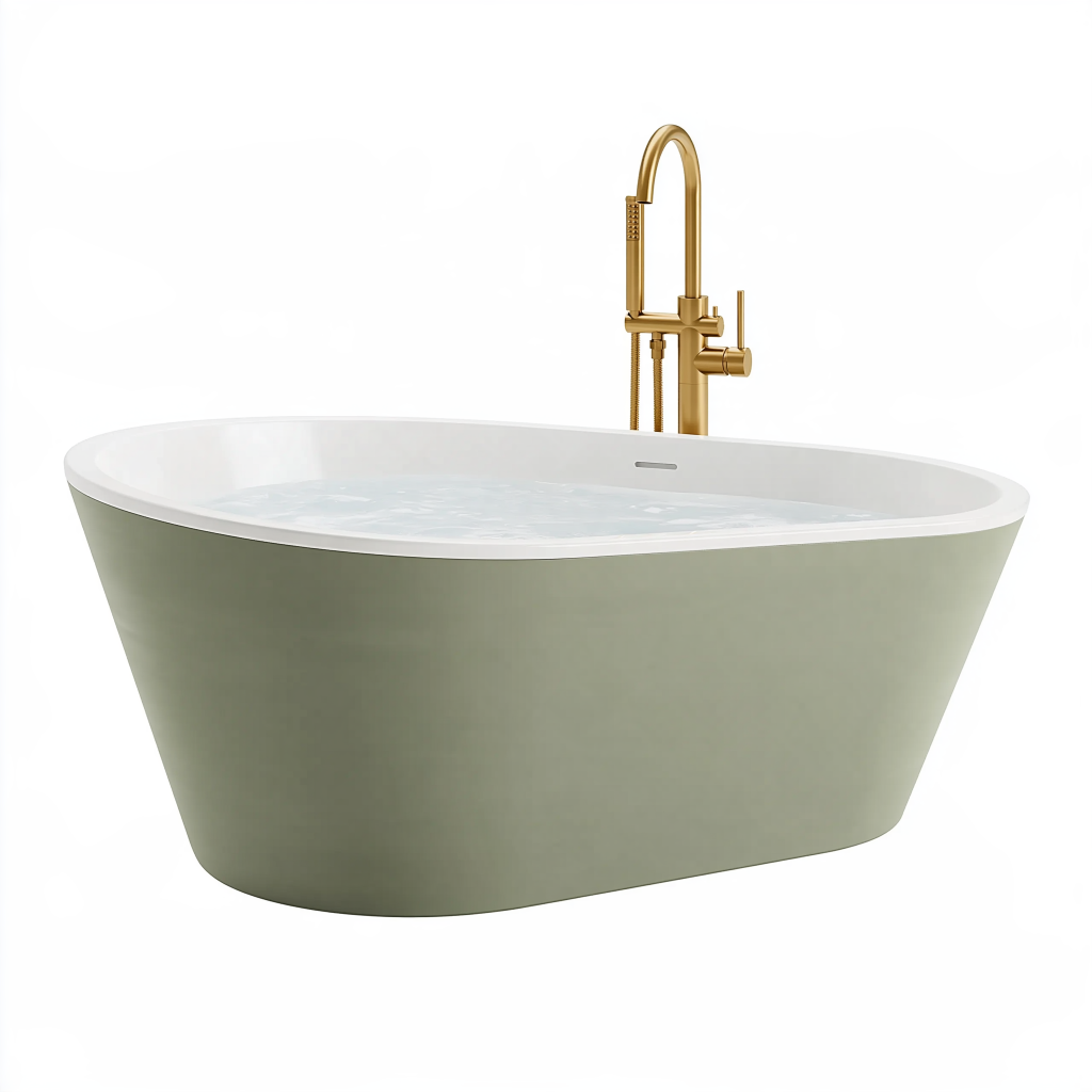 Baignoire îlot 170 cm en acrylique vert sauge et blanc avec robinetterie dorée style contemporain