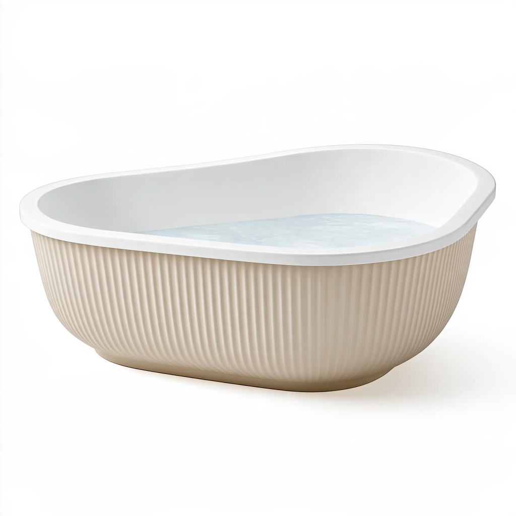 Baignoire îlot ovale 160 x 75 cm en acrylique beige et blanc style cannelé
