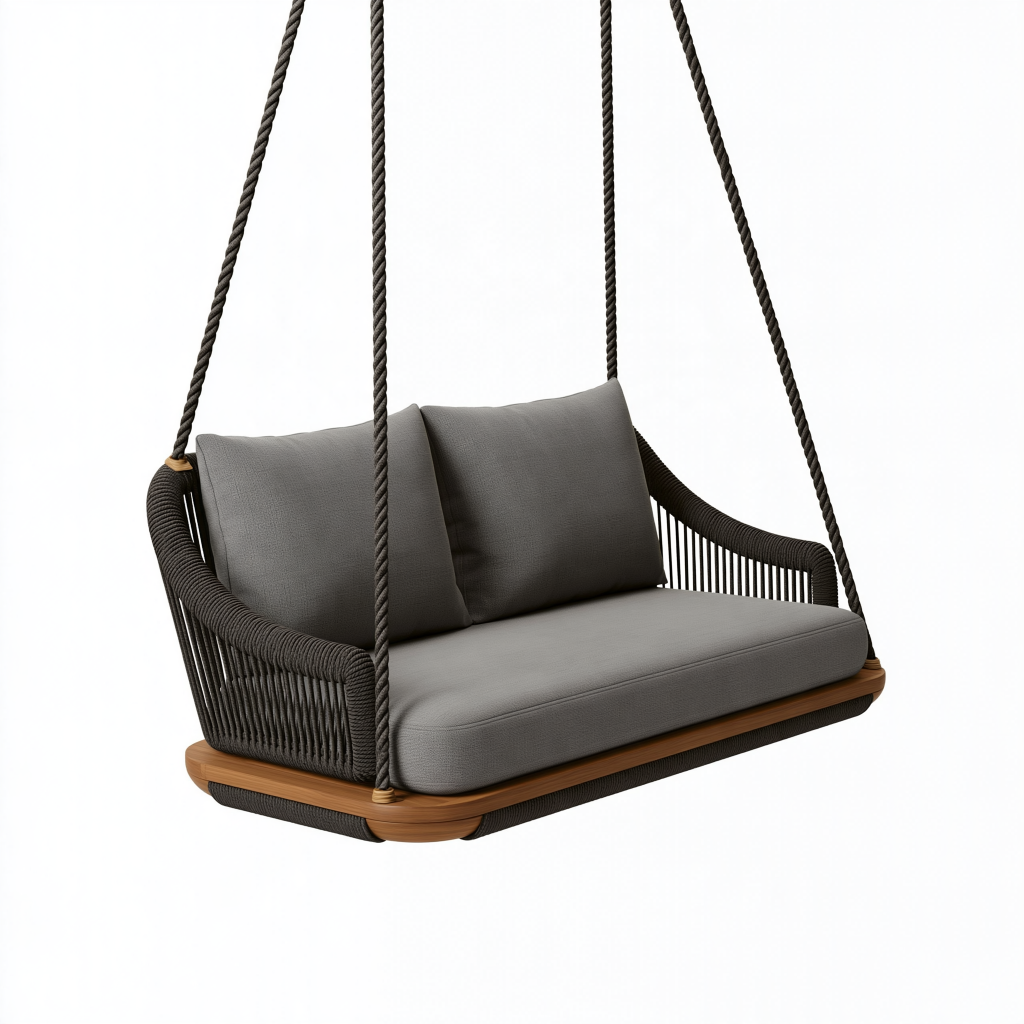 Balancelle suspendue 140 x 75 x 180 cm en bois et cordage noir pour jardin style contemporain