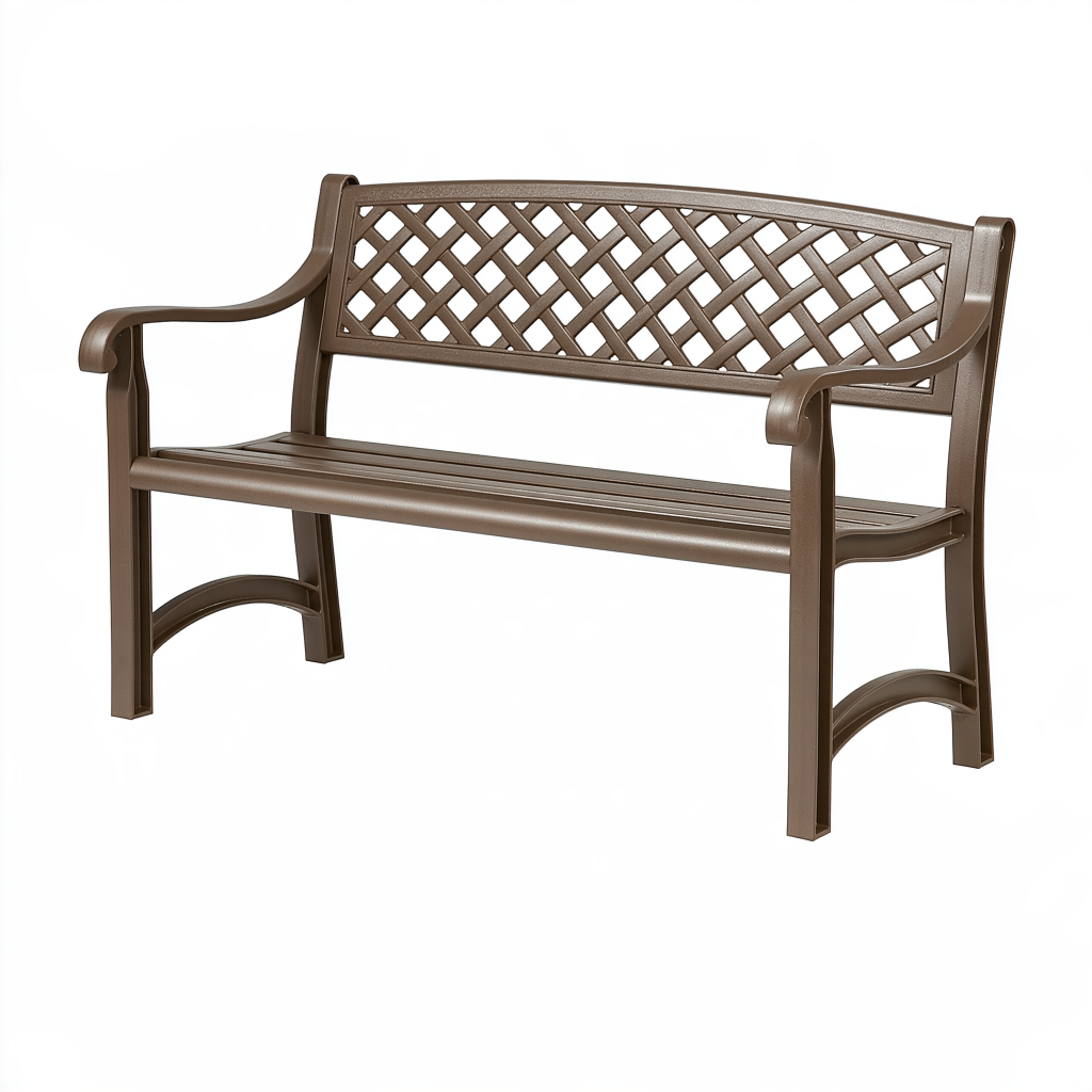 Banc de jardin 120 cm en plastique marron - dossier ajouré avec accoudoirs